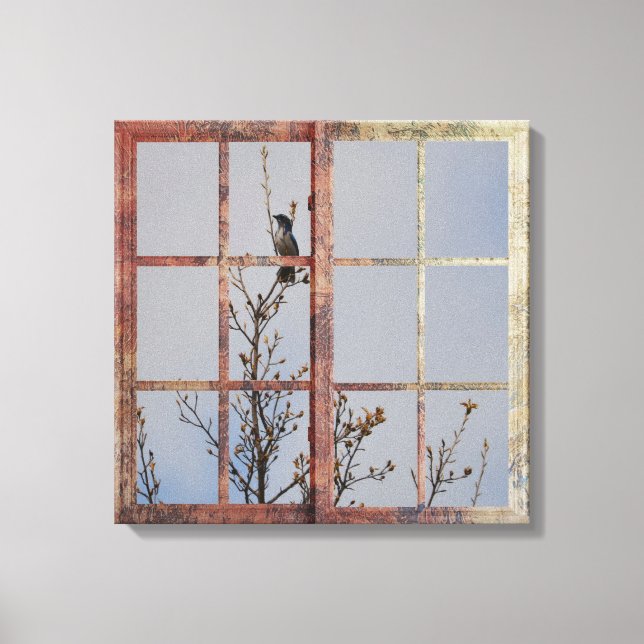 Lienzo Ave azul en la ventana (Anverso)