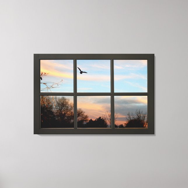 Lienzo Ave volante al atardecer Negro Fake Window Illusio (Anverso)