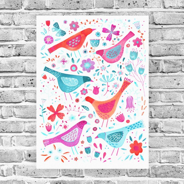 Lienzo Aves acuarelas en un jardín de flores pintando (Watercolor birds and flowers art canvas print)