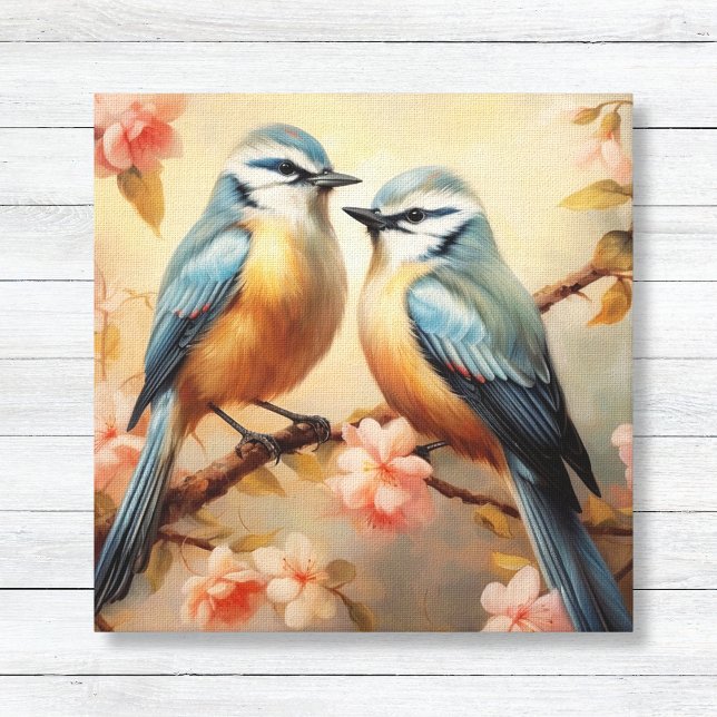 Lienzo Aves azules en la flor de cerezo (Bluebirds on Cherry Blossom Branches - Nature Lovers Wall Art Decor - Oil Painted Style)