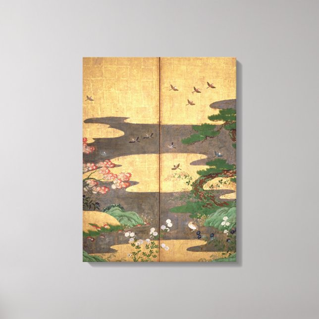 Lienzo Aves con flores de otoño e invierno (Anverso)