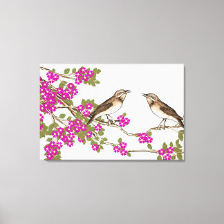 Lienzo Aves de amor de vintage con flores de cerezo rosa