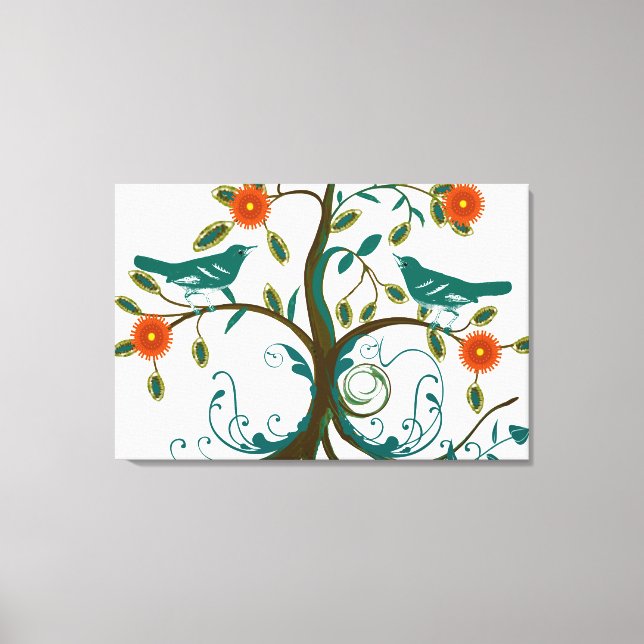 Lienzo Aves de amor verde azuladas y Naranjas (Anverso)