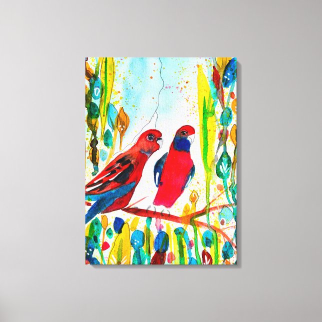 Lienzo Aves de rosella en una acuarela arbolada (Anverso)