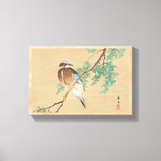 Lienzo Aves y flores, Jay eurasiático y Arborvit chino (Anverso)