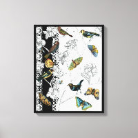 Aves y mariposa en un fondo blanco y negro