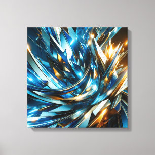 Lienzo Azul Dorado Futurista Abstracto Metálico Geométric