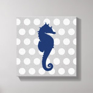 Lienzo Azul Marino Caballo de Mar Gris y Lunares Blancos
