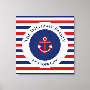 Lienzo Azul marino naval rayas rojas blancas Ancla