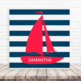 Lienzo Azul Naval Náutico Blanco Raya Rojo Monograma Barc
