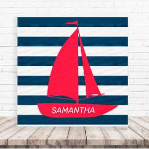 Lienzo Azul Naval Náutico Blanco Raya Rojo Monograma Barc