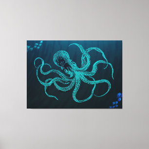 Lienzo Azul profundo del océano con pulpo y pescado