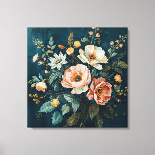 Lienzo Azul Teal Oscuro Naranja Floral Vintage Cottagecor
