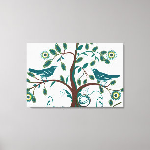 Lienzo Azul Turquesa Divertido Vintage Aves De Amor Árbol