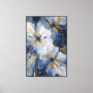 Lienzo Azul y Blanco Floral con Oro – Pared Abstracta