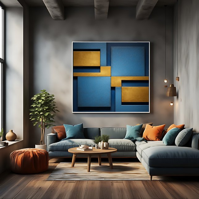Lienzo Azul y Dorado Geométrico Abstracto de Lujo (Subido por el creador)