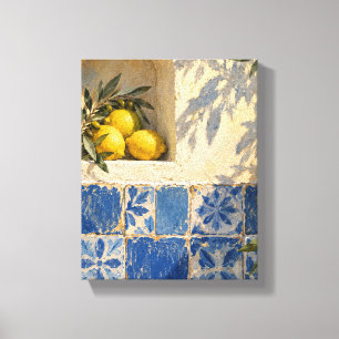 Lienzo Azulejos Azules y Sombra de Limón - Estilo Mediter