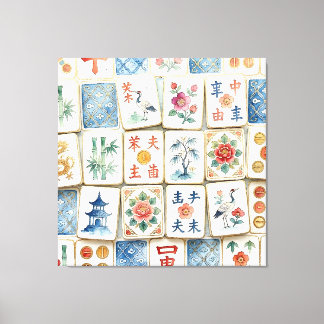 Lienzo Azulejos de Chinoiserie Mahjong Flores Acuarela Pá
