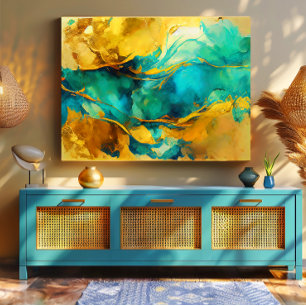 Lienzo Azules y dorados abstractos cautivadores