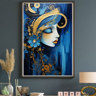 Lienzo Azure Empress – Blue and Gold Art Deco Woman