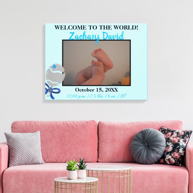 Lienzo Baby Boy Rattle Birth Stats 24" x 18" Foto subida (Insitu (Sala de estar))