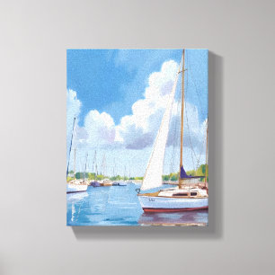 Lienzo Bahía de Barcos de Vela   Pintura Acuarela Costera