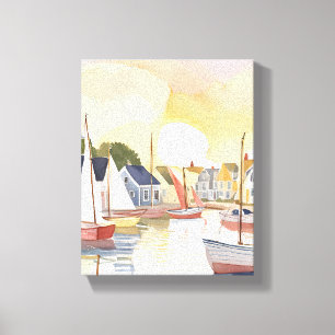 Lienzo Bahía de Barcos Pintura en Acuarela de Océano Co