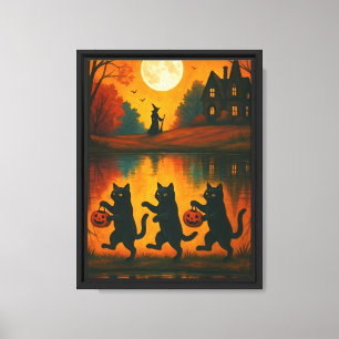 Lienzo Bailando gatos de Halloween con bruja y luna