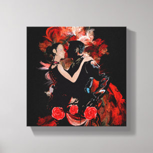Lienzo Bailarinas románticas de tango sobre fractal rojo