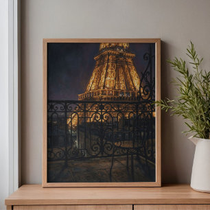 Lienzo Balcón de la Torre Eiffel en París a Medianoche