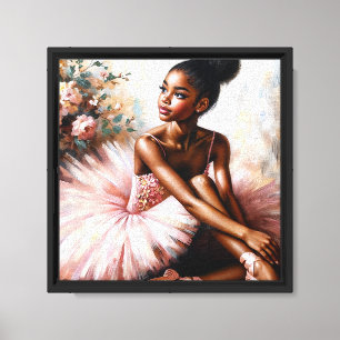 Lienzo Ballerina negra en retrato floral tutu rosado
