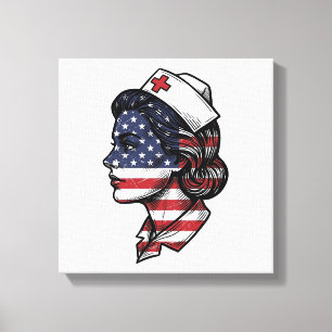 Lienzo Bandera Americana Vintage Perfil de Enfermera Dise