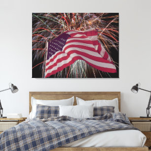 Lienzo Bandera Americana y Fuegos Artificiales