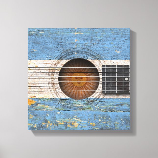 Lienzo Bandera argentina en vieja guitarra acústica (Anverso)