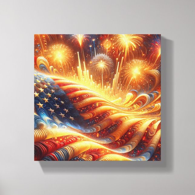 Lienzo Bandera estadounidense y fuegos artificiales el 4  (Anverso)