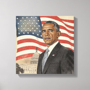 Lienzo Barack Obama frente a la bandera estadounidense y
