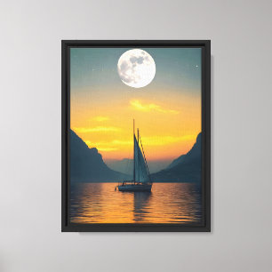 Lienzo Barco de vela al atardecer con luna llena - Muro p