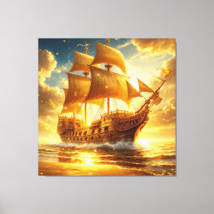 Lienzo Barco de Vela Dorado en el Mar del Atardecer