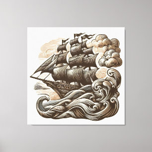 Lienzo Barco de vela en el mar abierto - Vintage grabado