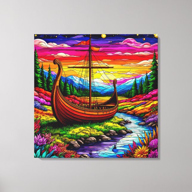 Lienzo Barco en un paisaje colorido (Anverso)