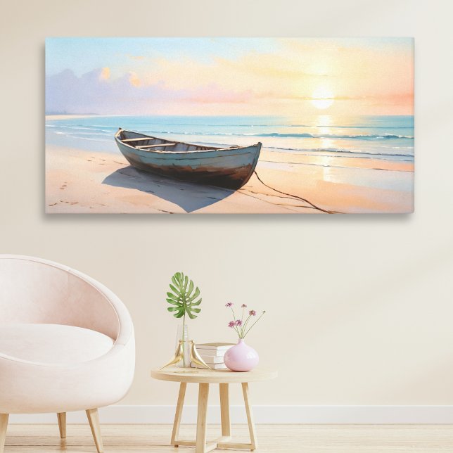 Lienzo Barco en una playa tranquila (An elegant canvas print, depicting a wooden boat on a calm beach in the golden hour before sunset)