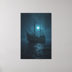 Lienzo Barco Fantasma Bajo la Luna - Noche Embrujada del