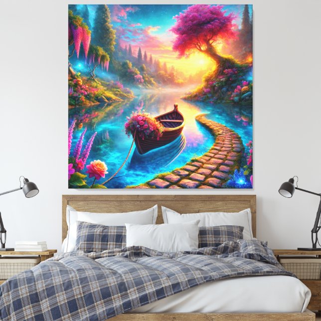 Lienzo Barco floral encantado en la fantasía de las aguas (Insitu(Dormitorio))