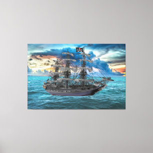 LIENZO BARCO PIRATA ANCLADO AL ATARDECER