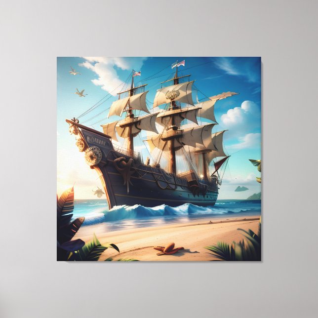 Lienzo Barco pirata de playa tropical (Anverso)