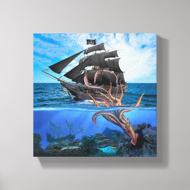 Lienzo Barco pirata vs el calamar gigante (Anverso)