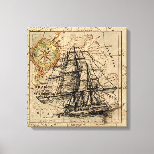 Lienzo Barco y Mapa Vintage