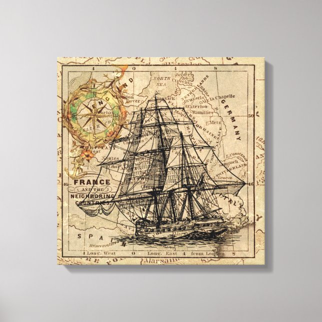 Lienzo Barco y Mapa Vintage (Anverso)