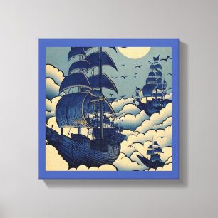 Lienzo Barcos Aéreos Navegando Sobre Nubes - Grabado en M