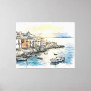 Lienzo barcos de pueblo costero italiano en un boceto de 